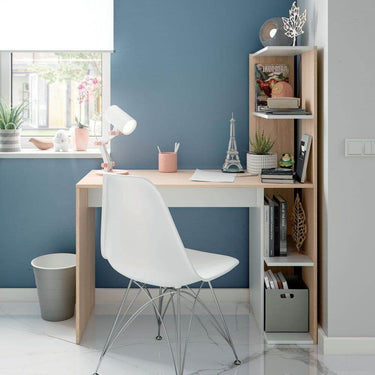 Saliba White and Oak Effect Desk with Bookcase: Modern Home Office Storage Solution - UK Luxury Furniture